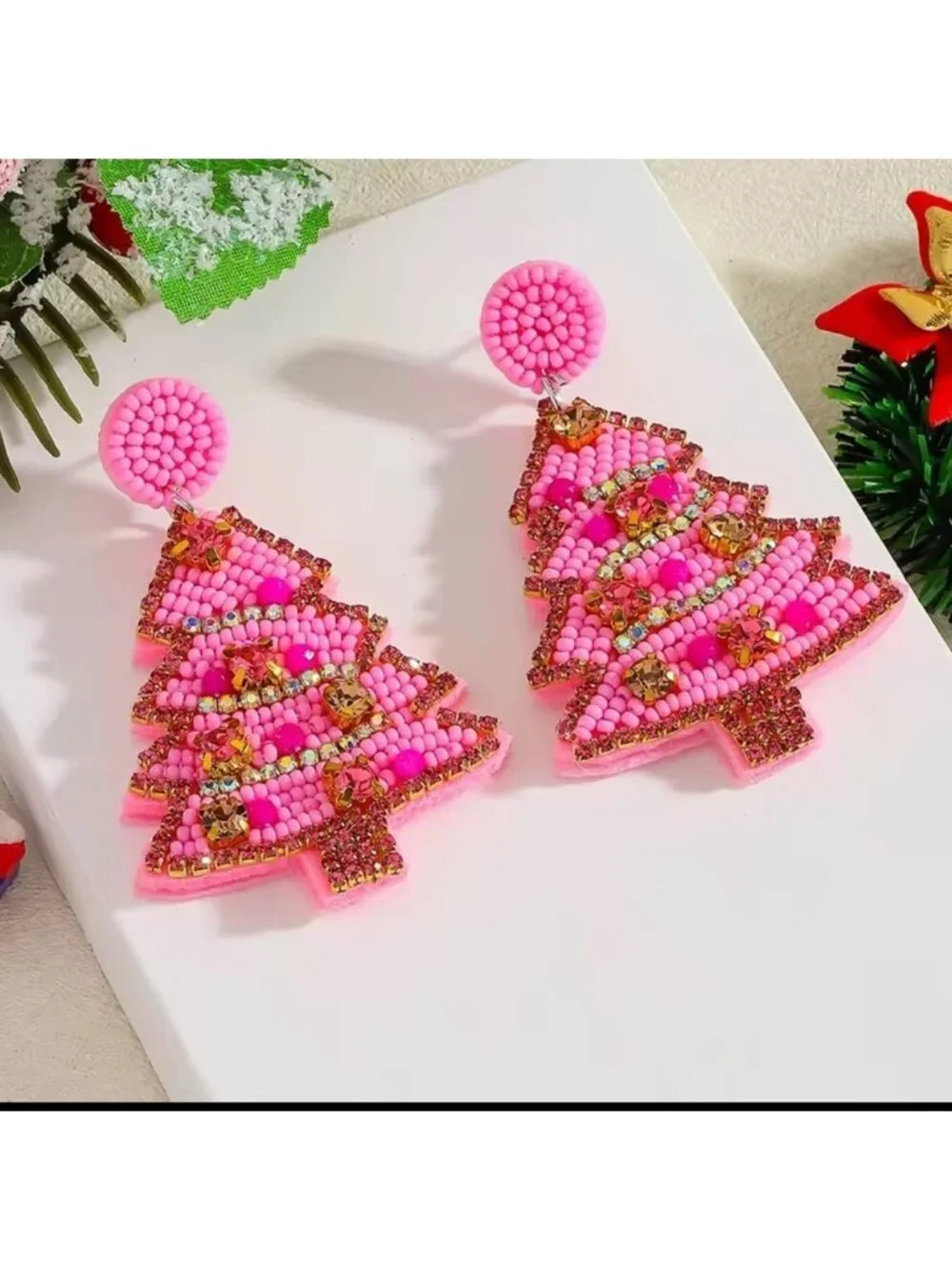 Pink Christmas Tree Earrings